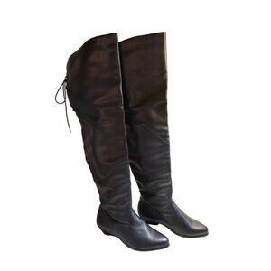 Women's 1970s-style Over the Knee Boots Black Vegan Pleather Shoe Size 8